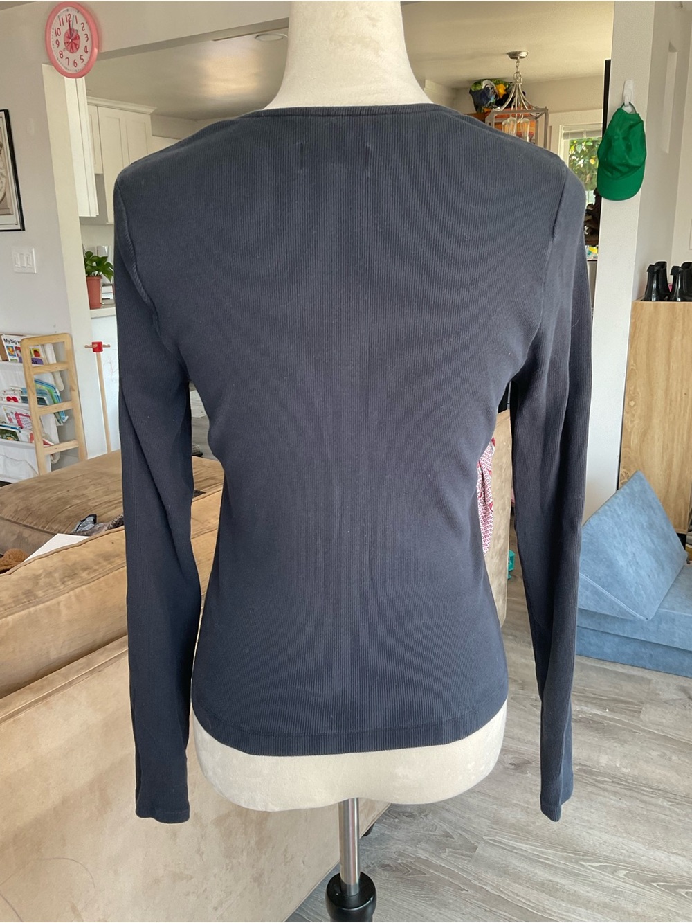 Maeve by Anthropologie Black Ribbed Knit Square Neck Stretch Top Long Sleeve L - Picture 2 of 7